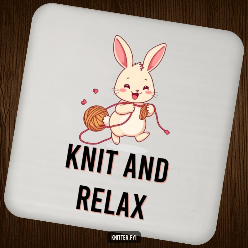 Funny rabbit coaster, a cheerful bunny with yarn trailing, hopping playfully while knitting, protecting surfaces with charm.