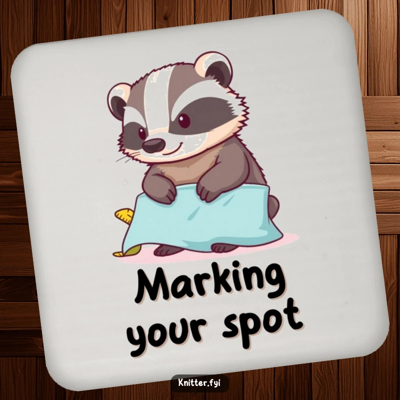 Funny badger drink coaster featuring a content badger measuring fabric with a tape measure, perfect for protecting surfaces with humor.