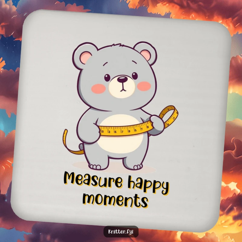 Funny Drink Coaster showcasing a determined bear measuring fabric with a golden measuring tape, a humorous addition to any table.