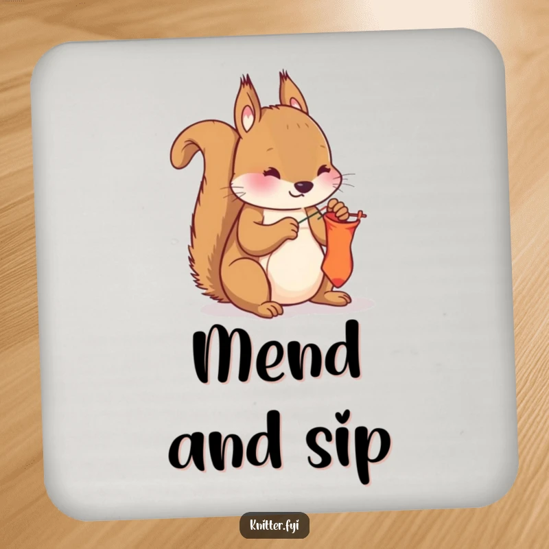 Funny squirrel mending drink coaster, depicting a diligent squirrel sewing a sock with needle and thread, protective and cute.