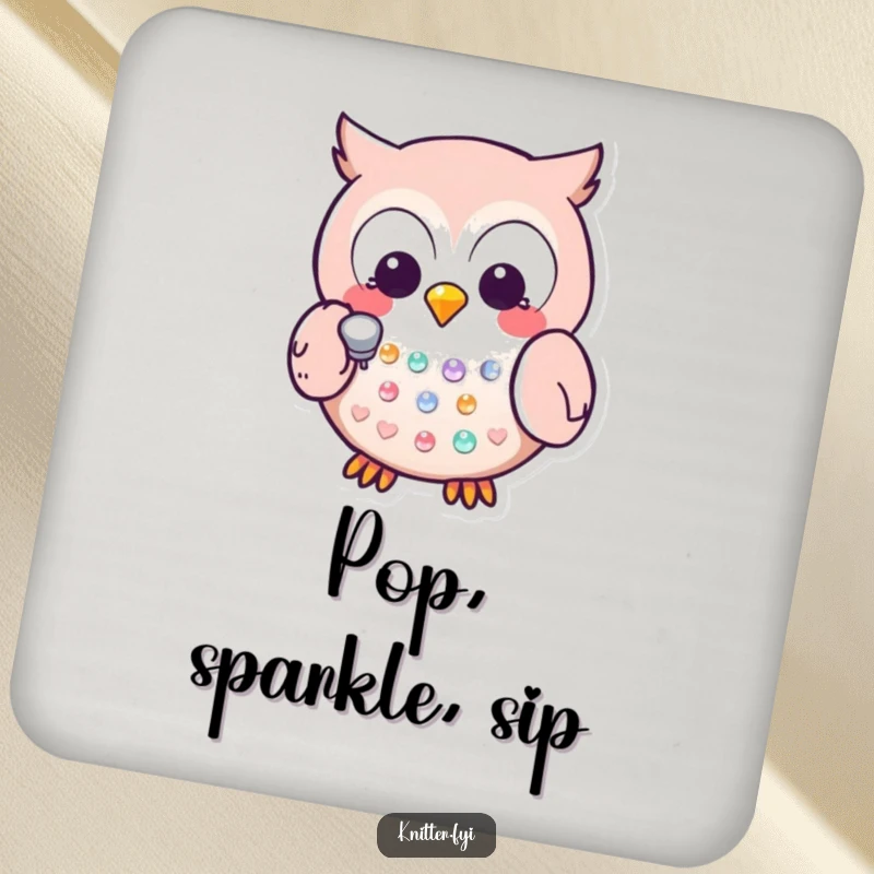 Funny Kawaii owl character using a thimble to gently tap a sequin, a protective and humorous drink coaster.