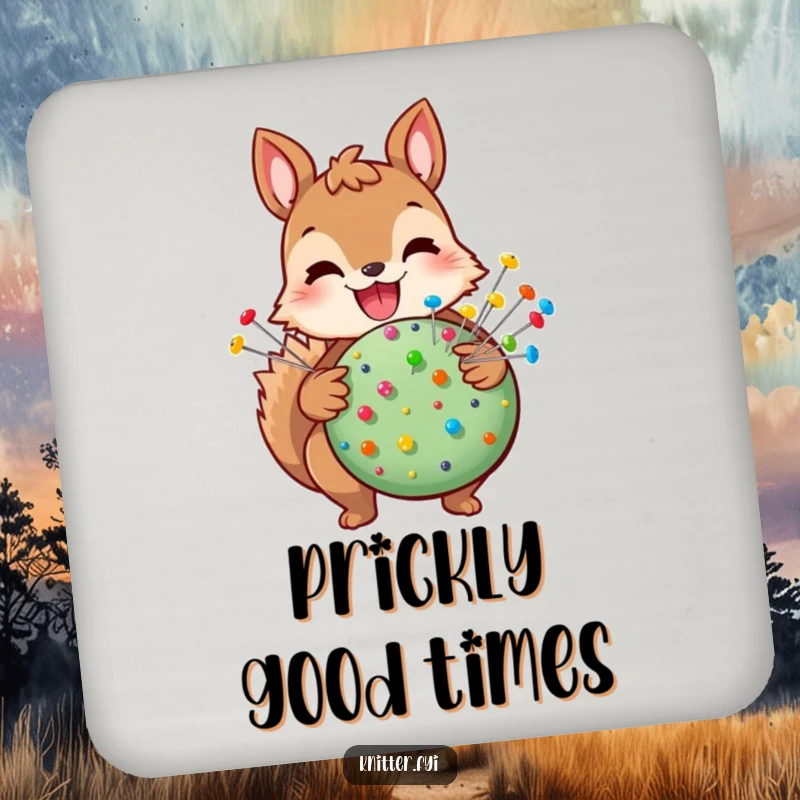 Funny squirrel coaster featuring a joyful squirrel holding a pincushion with pins, a humorous way to protect surfaces.