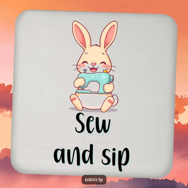 Funny rabbit sewing drink coaster, depicting a cheerful rabbit stitching a button with a tiny sewing machine, protective and cute.