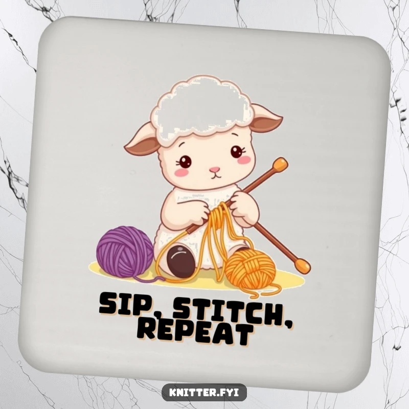 Funny Sheep Coaster Set with a cute sheep character busily threading colorful yarn onto a large needle, perfect for tables.