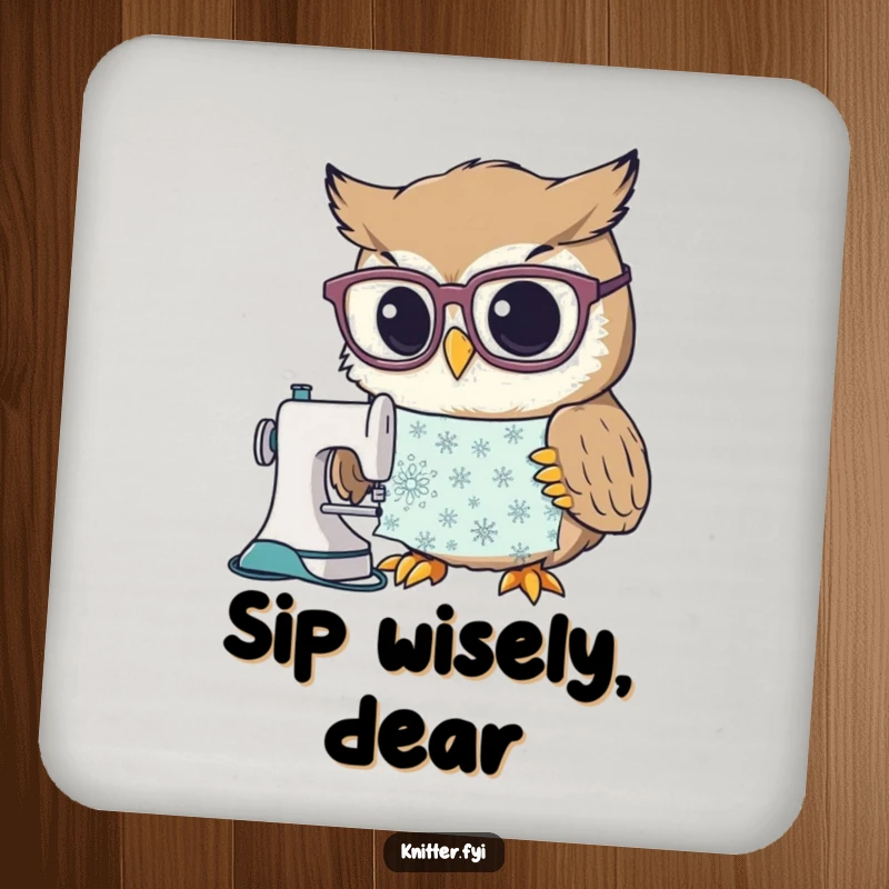 Funny drink coaster with a curious owl character wearing big spectacles, studying a complex sewing pattern, adding a touch of intellect.
