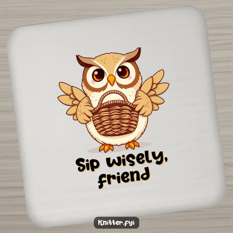 Funny owl coasters featuring a proud owl displaying a beautifully woven basket. Protects surfaces with humor.