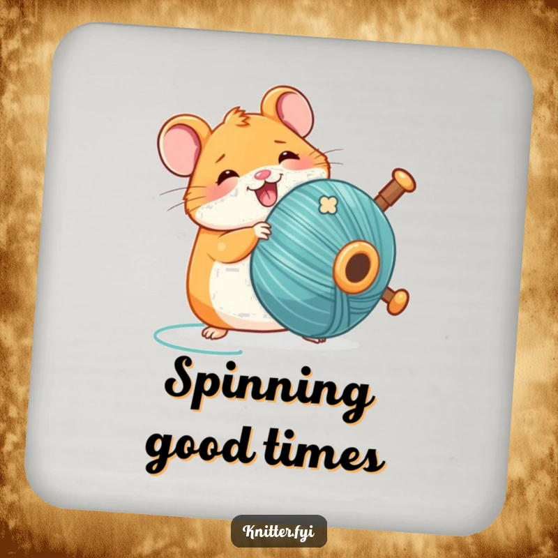 Funny Kawaii hamster drink coaster, delightedly spinning a large thread bobbin, adding humor to tables.