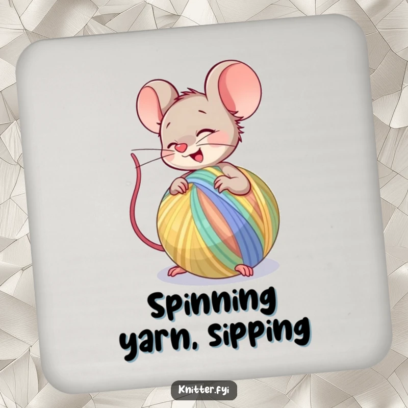 Funny Coaster displaying a mouse character spinning a large ball of colorful yarn, bringing creative humor to drink protection.