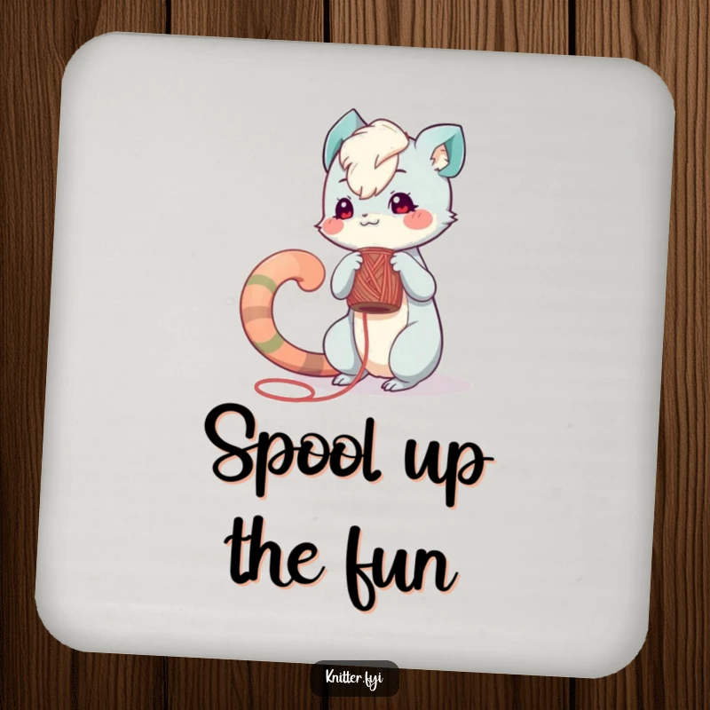 Funny drink coaster: A playful creature winds yarn around a spool, protecting surfaces with crafty charm.