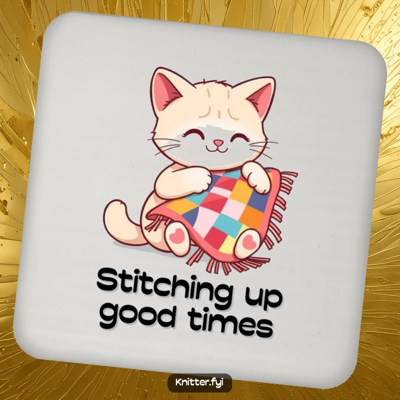 Funny cat coasters depicting a happy cat focused on sewing a tiny, colorful quilt, protecting surfaces with style.