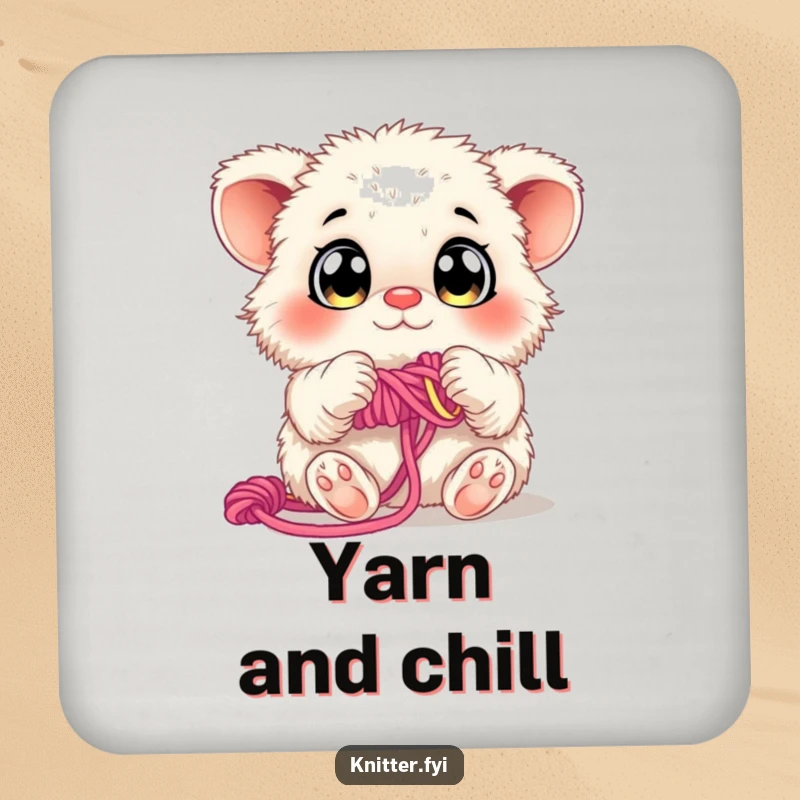 Funny Coaster: A fluffy creature with curious eyes weaves colorful yarn, adding humor and protection.