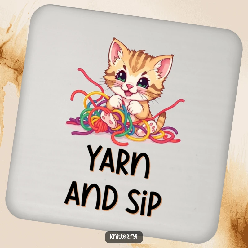 Funny kitten yarn drink coaster, depicting a playful kitten happily tangled in colorful yarn, protective and cute.