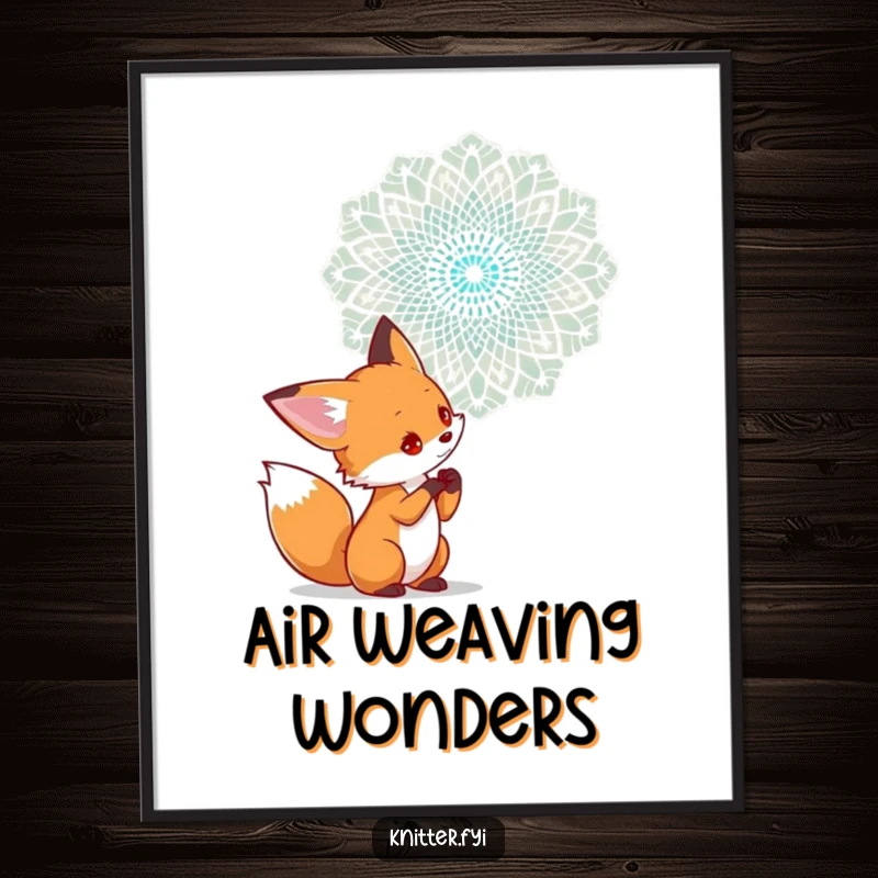 Funny poster art: a curious fox character examining a complex lace pattern being woven in the air, symbolizing intricate beauty.