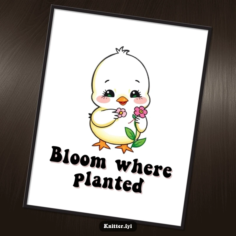 Funny Poster of a sweet chick carefully embroidering a tiny, smiling flower, a heartwarming and charming piece of art.