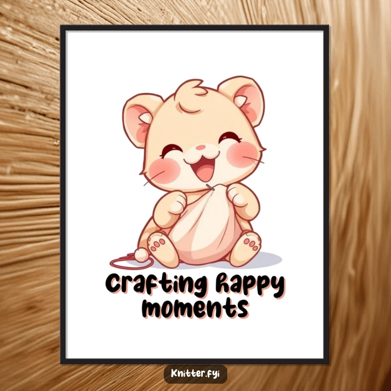 Funny poster art of a delighted creature with nimble paws skillfully sewing soft fabric with a needle and thread, highlighting creation.