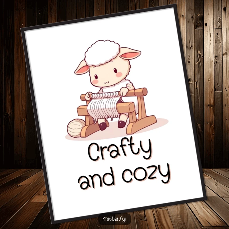 Cute sheep character diligently working a large, clacking knitting loom, as wall art.