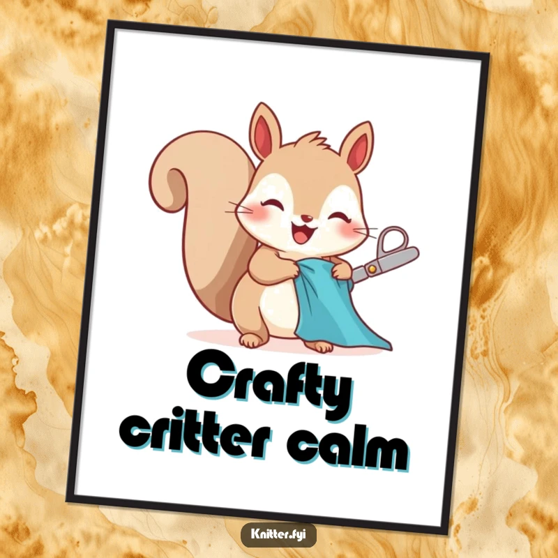 Funny squirrel poster art, excitedly cutting fabric with tiny scissors, a charming and humorous decoration.