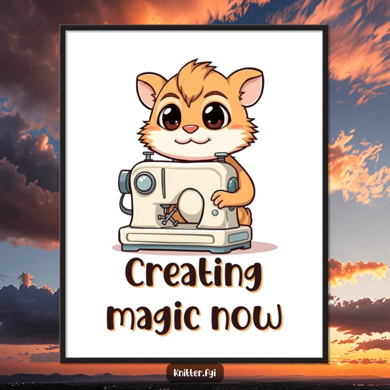 Funny Poster: A determined creature with a focused gaze smiles while operating a miniature sewing machine.