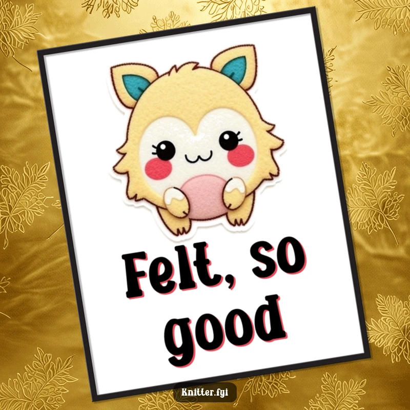 Funny poster print of a gleeful creature with rosy cheeks, enthusiastically cutting a shape from felt, adding charm to any room.