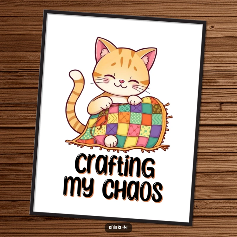 Funny cat poster showing a smiling cat diligently stitching a bright and intricate patchwork quilt with concentration.