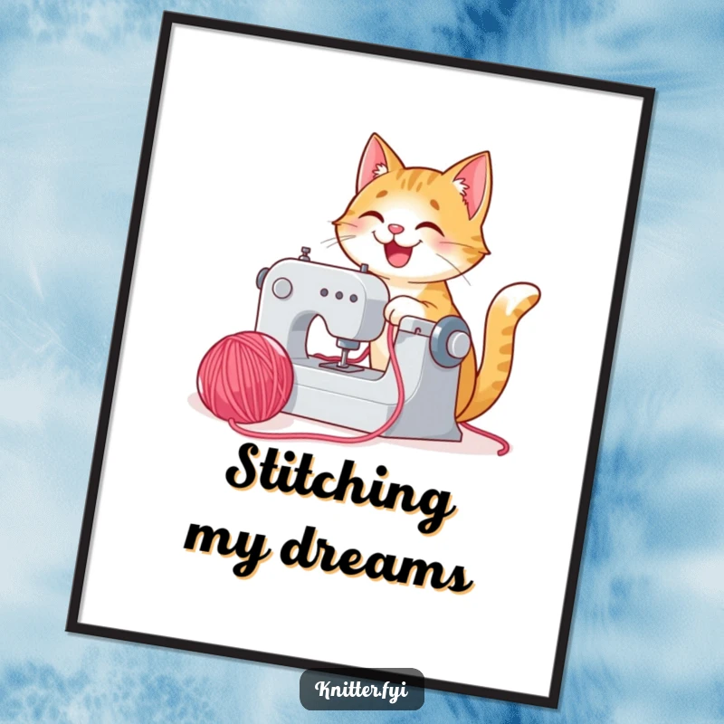 Funny happy cat poster sewing with yarn and machine, a joyful illustration for wall art.