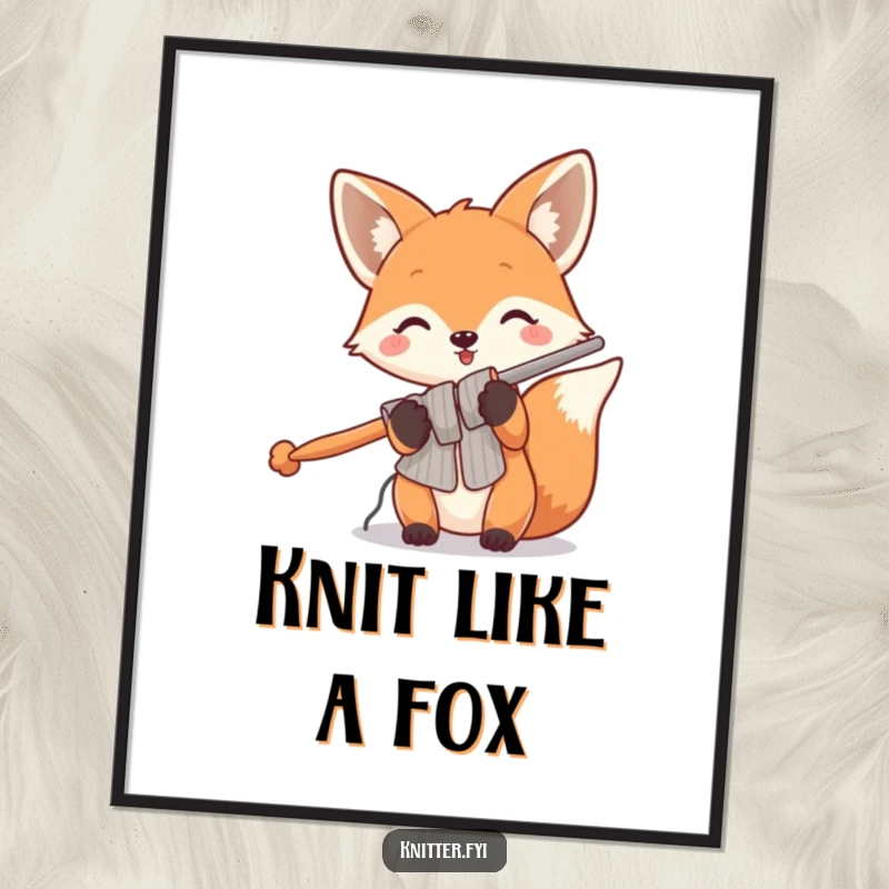 Funny fox poster showing a playful fox skillfully holding a pair of very large knitting needles, looking ready to create.