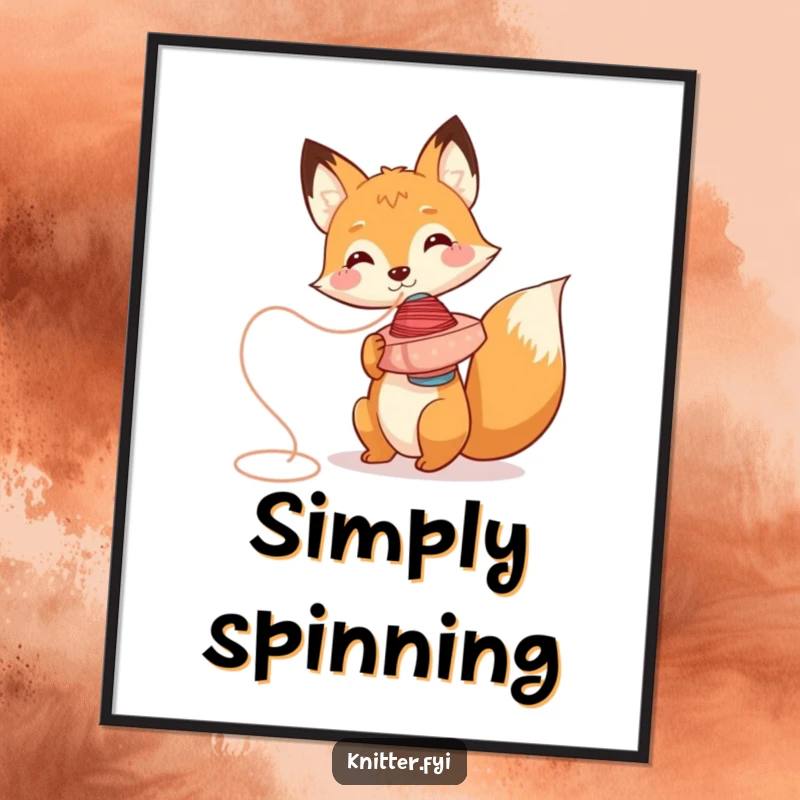 Funny fox poster art, playfully spinning a thread spool like a top, a charming and humorous decoration.