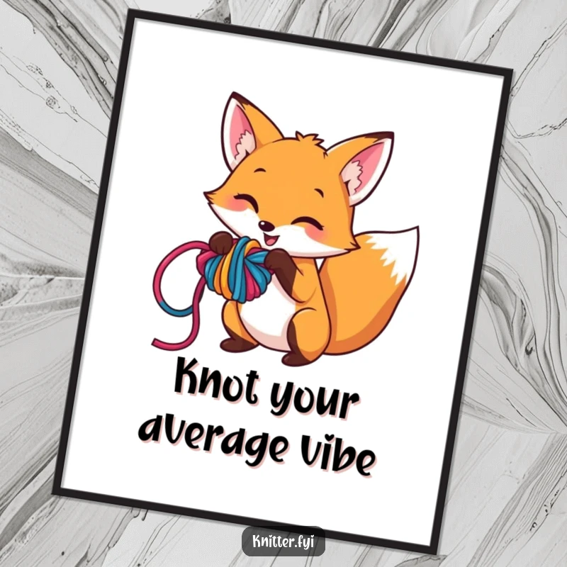 Funny poster art of a mischievous fox character delightedly creating a tangled knot with vibrant strands of yarn, a playful decor piece.