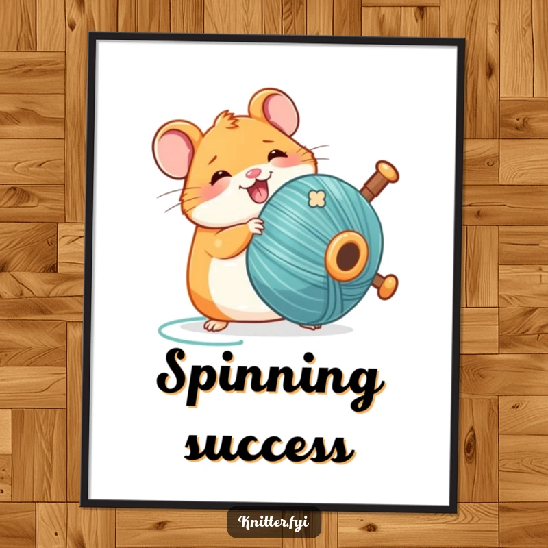 Funny Kawaii hamster poster, happily spinning a large bobbin of thread, adding humor to any wall.