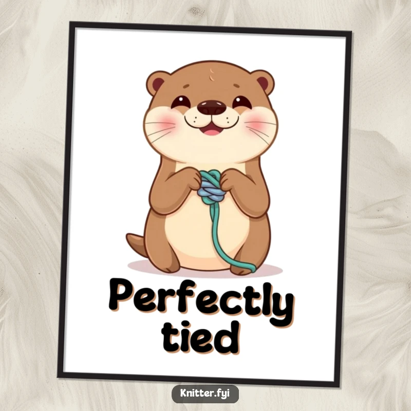 Funny poster art of a smiling otter meticulously tying a perfect knot on a yarn strand. Clever wall decor for crafters, a perfect funny gift.