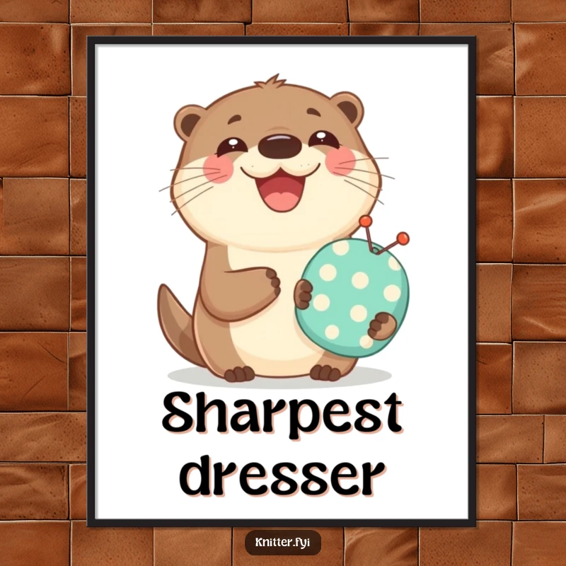 Funny poster art of a joyful otter holding a tiny pincushion and beaming, perfect for adding cheer to any room.