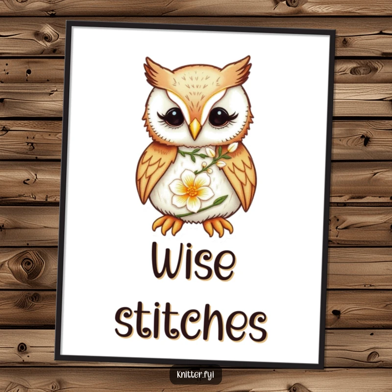 Funny Owl Embroidery Poster: A focused owl meticulously embroiders a delicate flower, creating detailed wall art.