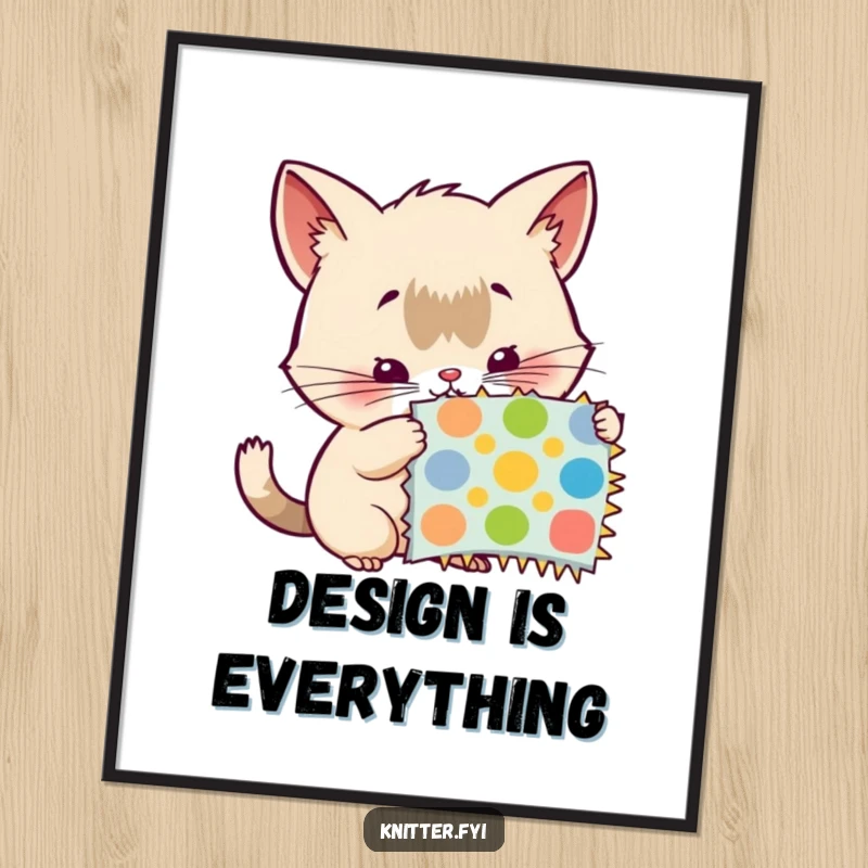 Funny poster: A creature with twitching whiskers intently examines a vibrant pattern swatch, depicting deep curiosity and interest.