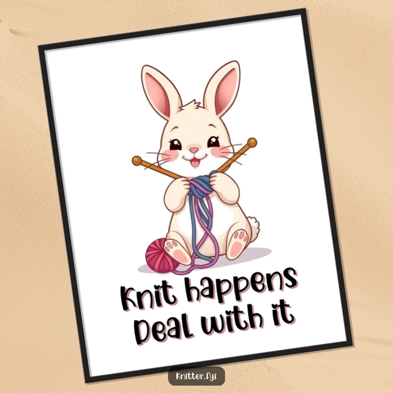 Funny rabbit poster showing a cheerful bunny engrossed in winding yarn around knitting needles, full of crafty delight.
