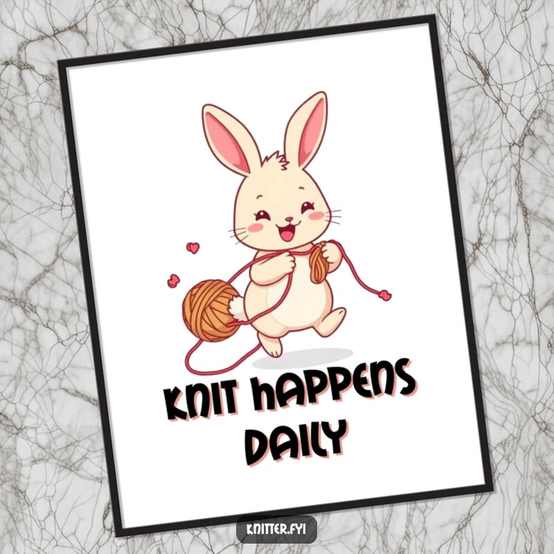 Funny rabbit art poster, a cheerful bunny with yarn trailing, hopping playfully while knitting, inspiring wall decor.