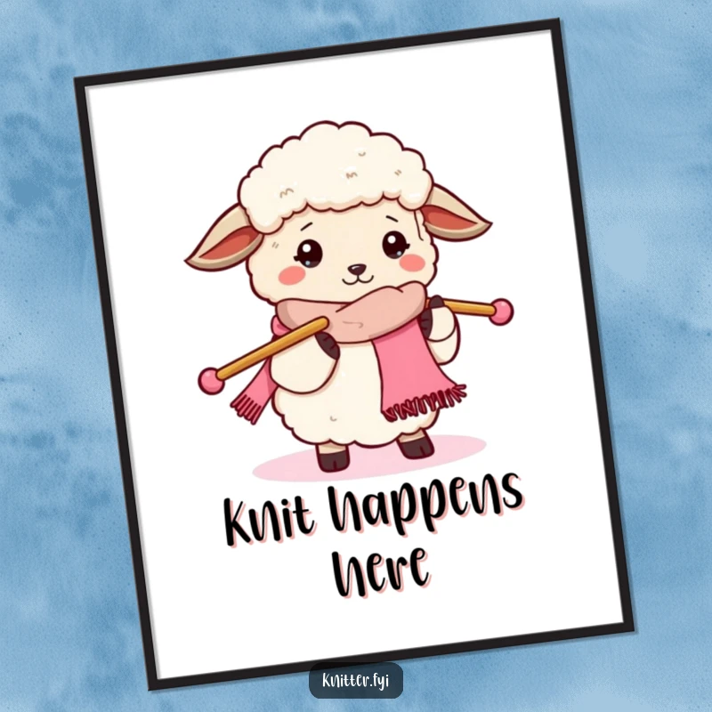 Funny sheep knitting poster, showing an enthusiastic sheep with oversized needles creating a long scarf, warm and inviting art.