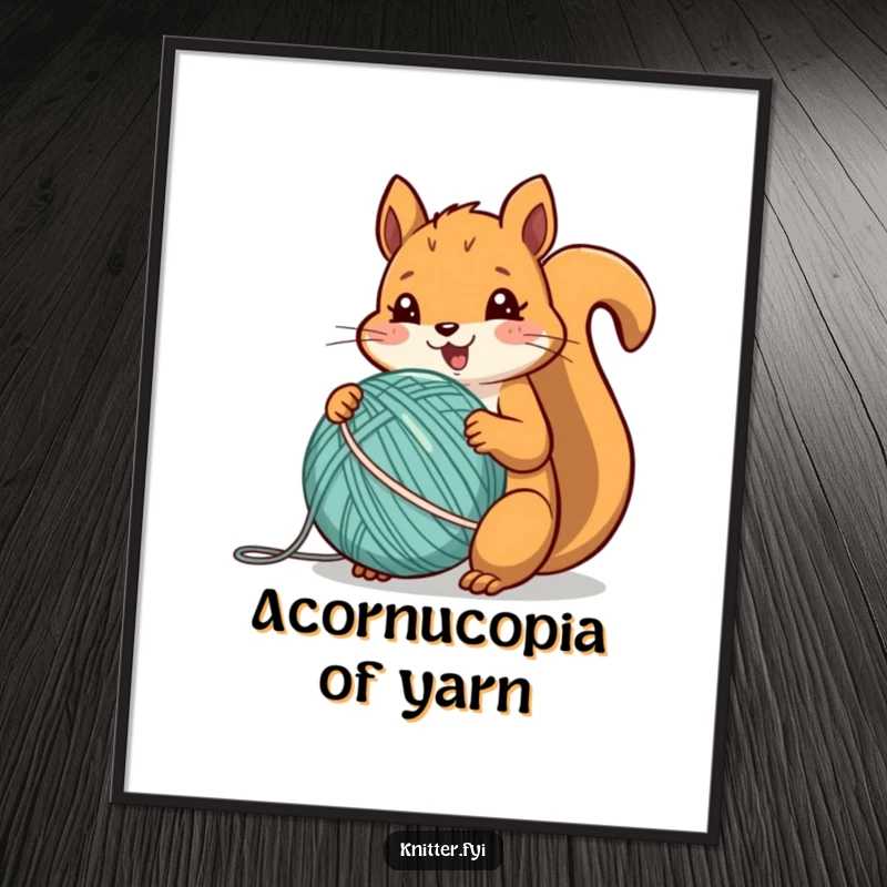 Funny squirrel poster of a cheerful animal enthusiastically winding a ball of colorful yarn into perfect shape.