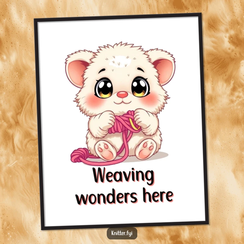 Funny Poster: A fluffy creature with large, curious eyes is skillfully weaving colorful strands of yarn with its paws.