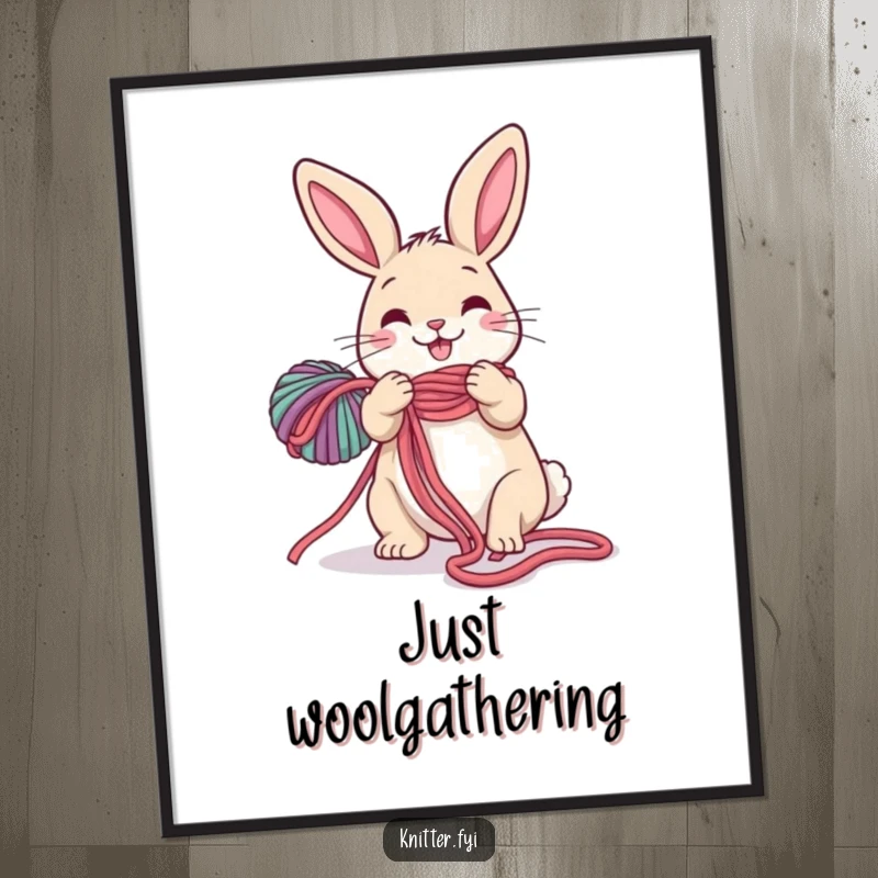 Funny Rabbit Knitting Poster: A happy rabbit artistically unravels a long, colorful ball of yarn, creating a whimsical wall art.