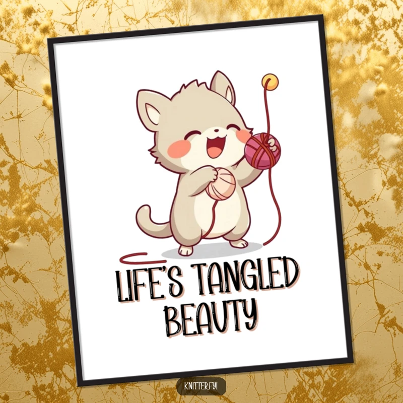 Funny poster art of a hyperactive creature energetically batting at a single thread dangling from a large ball of yarn, full of mischief.