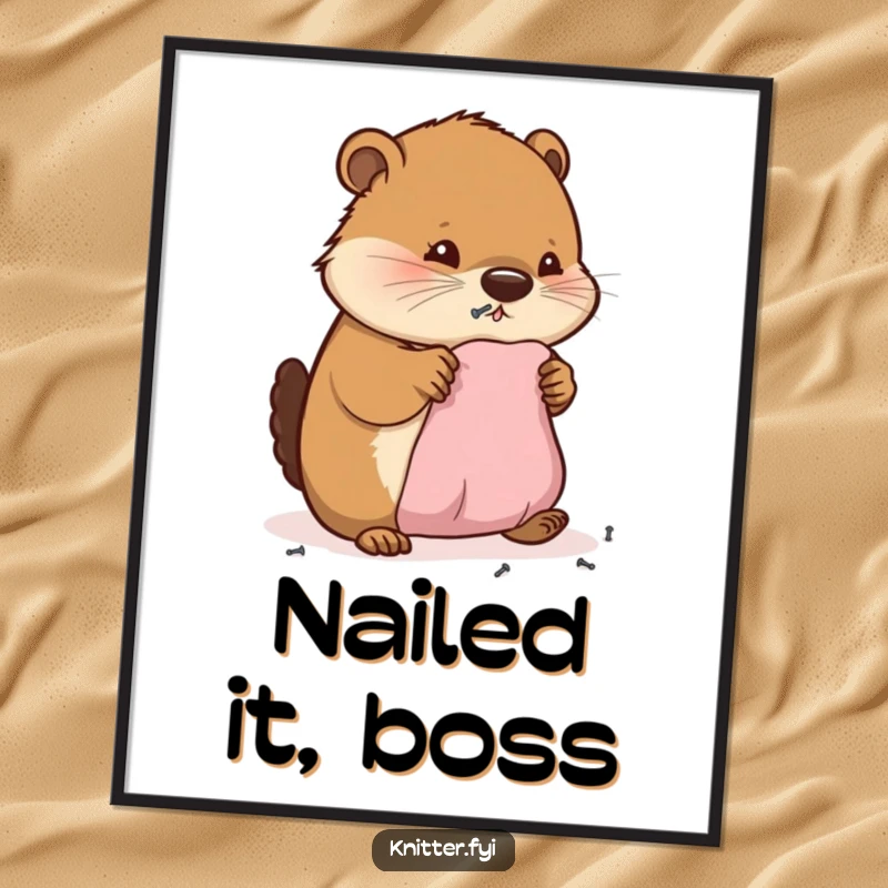 Funny poster art of a happy beaver meticulously hammering tiny nails into miniature fabric, a humorous ode to craftsmanship.