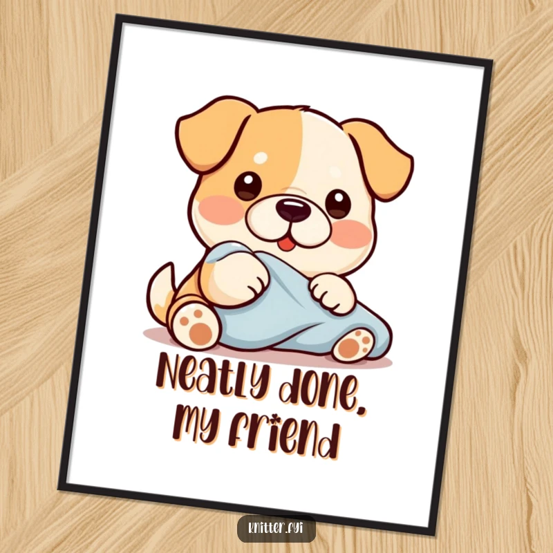 Funny Kawaii dog character diligently smoothing a piece of fabric with its paw, a humorous and artistic poster for walls.