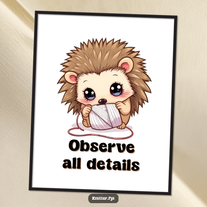 Funny Poster of a curious hedgehog with wide eyes, examining a spool of shimmering thread, a charming and whimsical artwork.