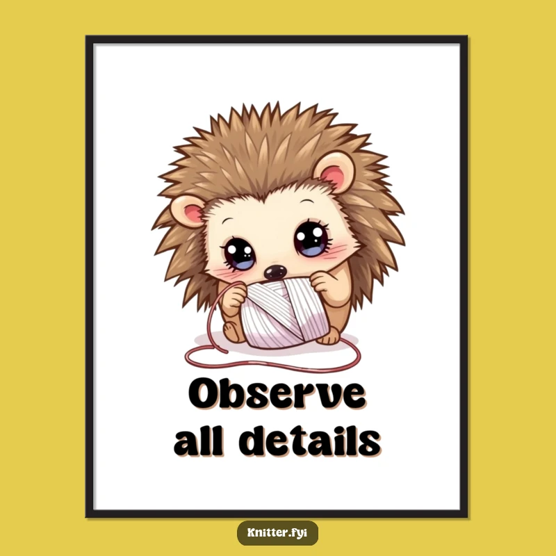 Funny Hedgehog Thread Poster: Curious Critter Art with Shimmering Spool, Artful Funny Gift