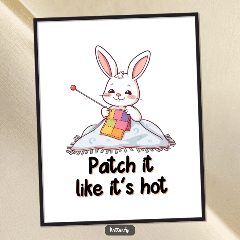 Funny poster art: a happy rabbit character sewing a colorful patch onto a blanket with a giant needle, embodying crafting cheer.
