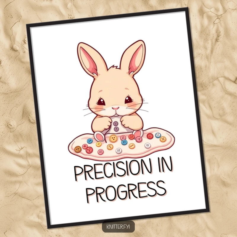 Funny rabbit poster featuring a determined bunny meticulously sewing tiny buttons onto fabric. Humorous wall art.