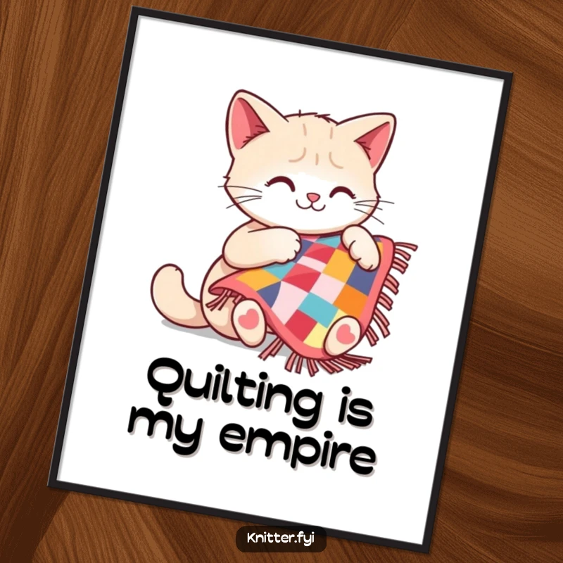 Funny cat poster depicting a happy cat meticulously working on a small, colorful quilt with great concentration.