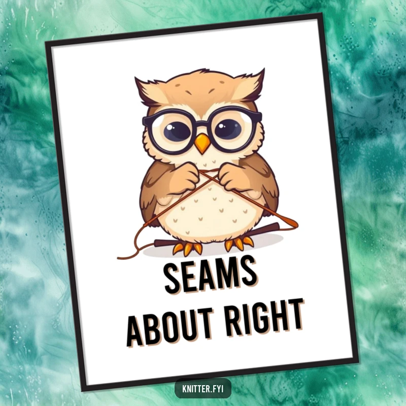 Funny poster art of a tiny owl wearing spectacles, humorously threading a large needle, conveying dedication and lightheartedness.
