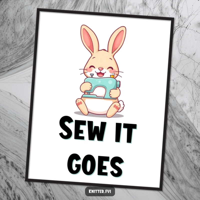 Funny rabbit sewing poster, a cheerful rabbit holding a tiny sewing machine and sewing a button, whimsical craft art.