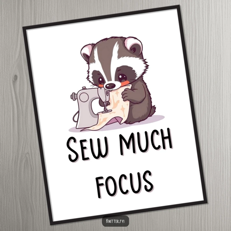 Funny poster art of a curious badger intently studying a complex sewing pattern. Whimsical wall decor for crafters, a perfect funny gift.